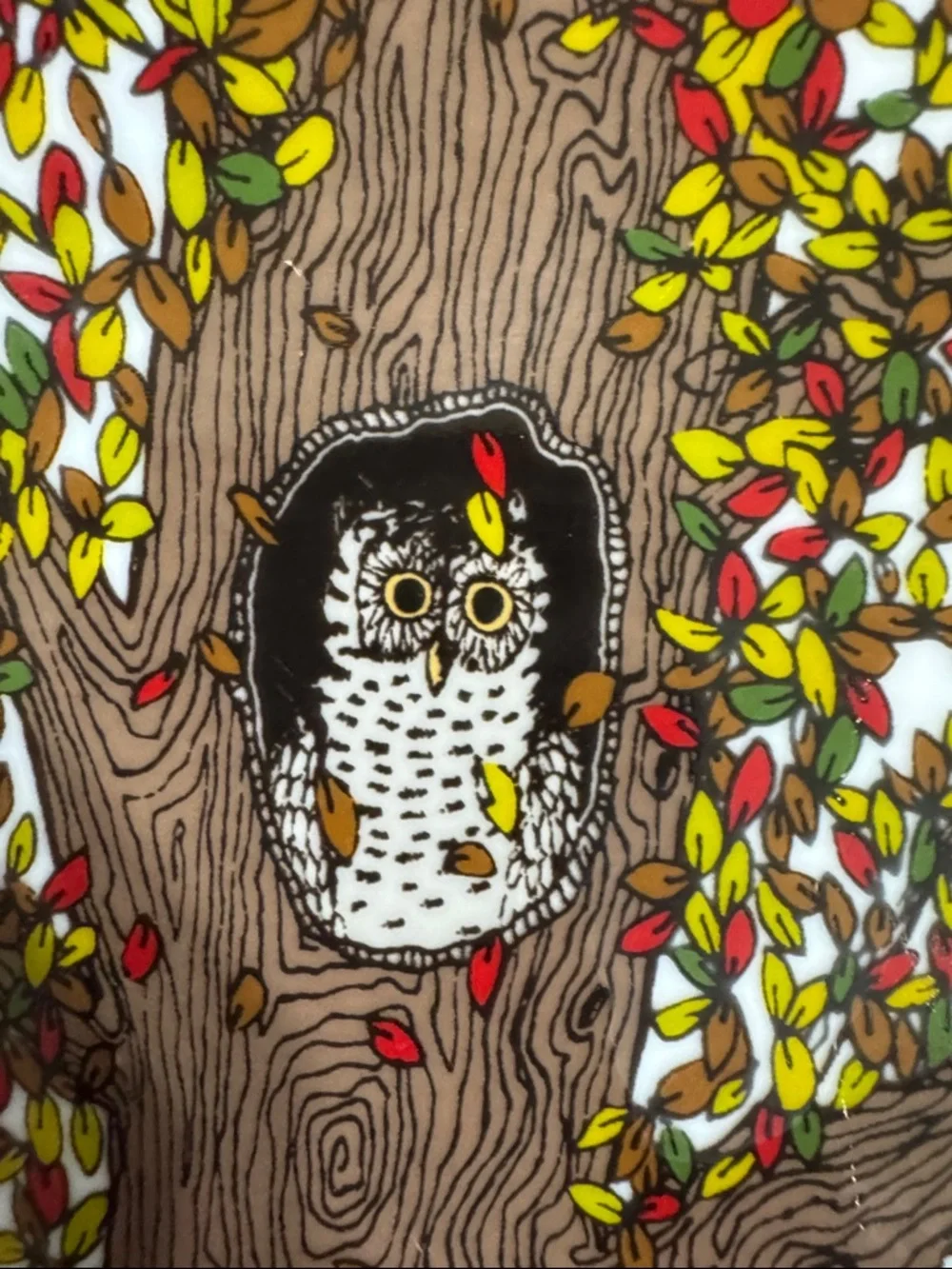 West Elm Whimsical White Ceramic Owl Tree Plate with Brown Trunk